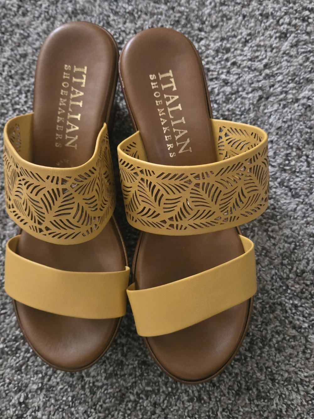 Italian Shoemakers Yellow and Brown Laser-Cut Platform Sandals